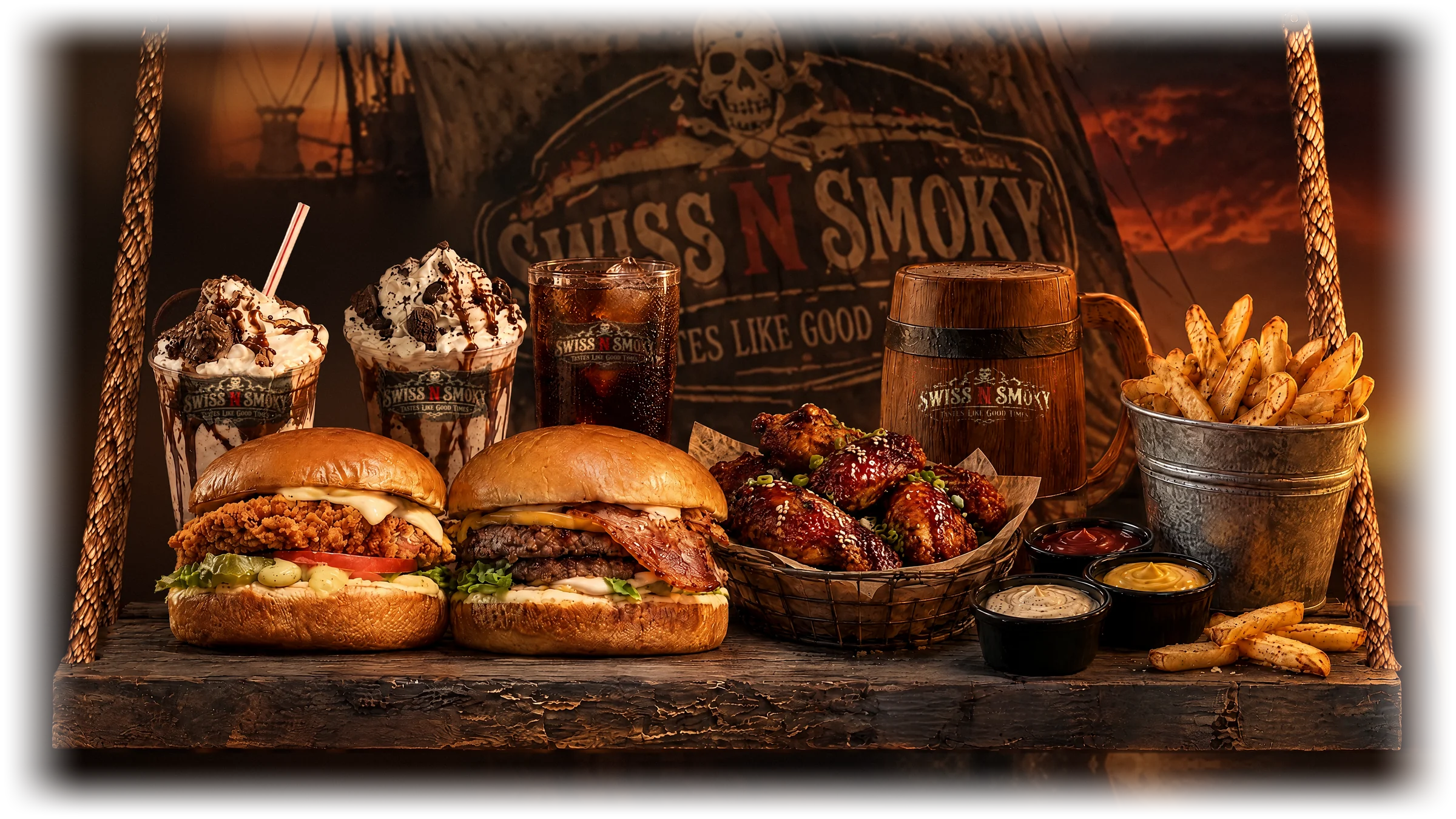 The crew's offering on a rope-hung shelf in front of the Swiss N Smoky ship: burgers, wings, milk shakes, cola, a branded tankard, fries and dipping sauces